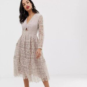 Nude / Blush Lace Midi Long-Sleeve Dress (Bridesmaid / Prom) (discontinued)